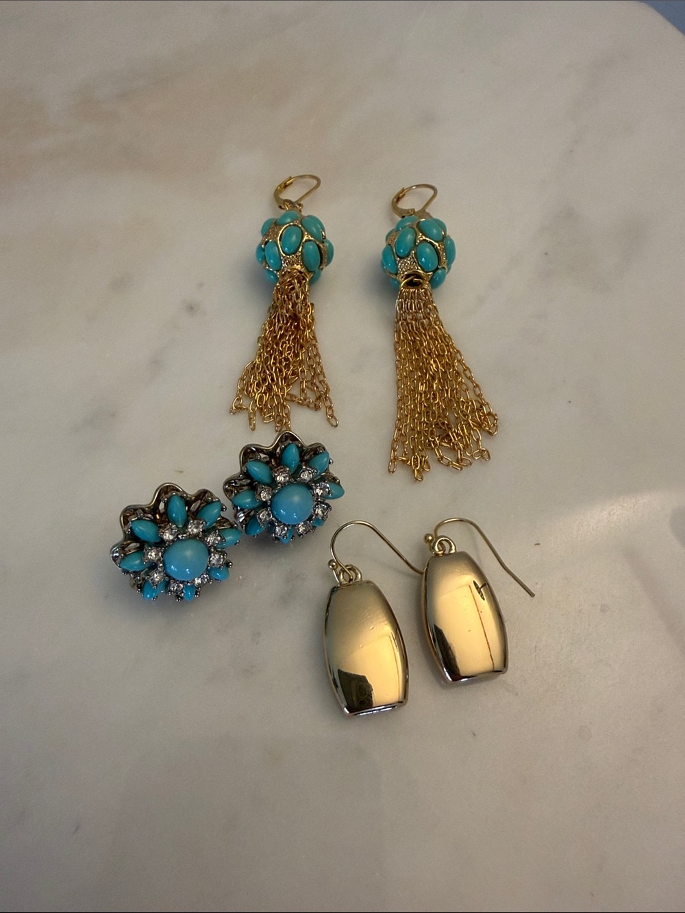 Gold Tassel Earrings with Turquoise Accents - Set of 3